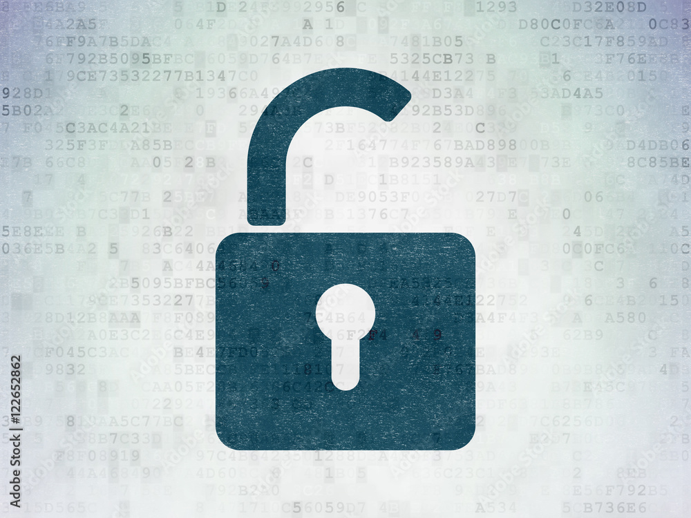 Poster data concept: opened padlock on digital data paper background