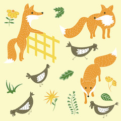 Sly foxes and chickens vector set