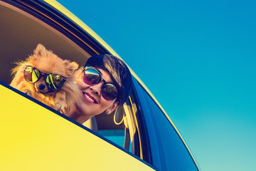 Young girl and dog in car on summer travel. Funny dog with sungl