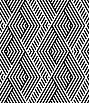 Vector seamless texture. Modern abstract background. Monochrome geometrical pattern with repeating diamonds on a background of oblique strips.