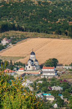 Landscape view with Capriana Monastery and the village around