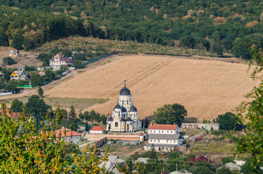Landscape view with Capriana Monastery and the village around