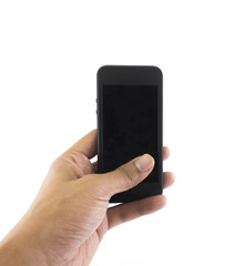 Hand holding  black mobile phone