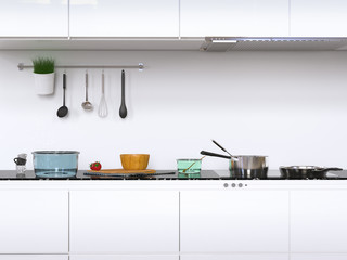 3d rendering kitchen cabinets with kitchen utensils