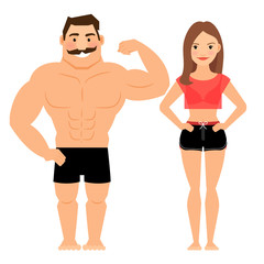 Man and woman muscular couple. Male and female young fitness athletes isolated on white background. Vector illustration