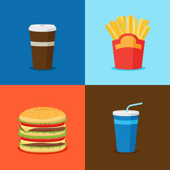 FastFood Junk Food Cartoon Icons. Burger and cola, french fries and coffee cup vector illustration