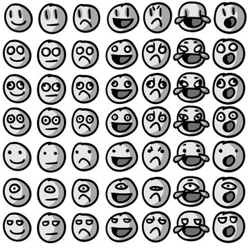 Emoji / Emoticon / Smiley Vector set. Black and white, on white background. Hand drawn, silly doodles. Vector file is grouped, ready to use!