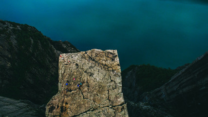 Preikestolen massive cliff (Norway, Lysefjorden summer morning v