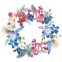 Fototapeta na wymiar Wildflower rose flower wreath in a watercolor style isolated. Full name of the plant: rose, hulthemia, rosa. Aquarelle flower could be used for background, texture, wrapper pattern, frame or border.