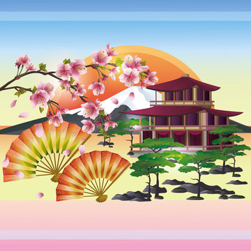 Japanese background with sakura - Japanese cherry tree, vector