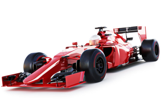 Race car and driver angled view on a white isolated background. 3d rendering
