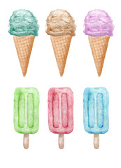 Watercolor ice creams on stick and cones hand painted illustration