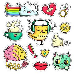 Colorful patch badges with fashion elements and animals. Hand-drawn stickers, pins in cartoon 80s-90s comic style. Set with bird, cloud, cat, etc. Brain with electric cable for charging. Thumbs-up.