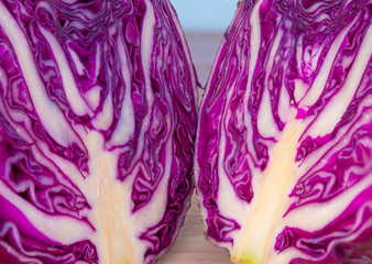 Obraz premium Vegetables, Purple cabbage on cutting boards on Wooden table . 