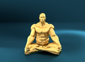Muscular man sit in meditation pose. Bodybuilder relaxing. 3d rendering