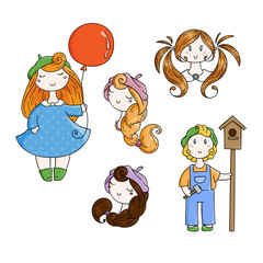 Set of doodle children. Boy with birdhouse, cute girls.