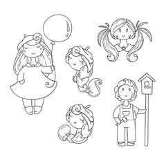 Set of doodle children. Boy with birdhouse, cute girls.
