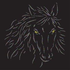 The horse's head on a black background. Colored halftone dots, pixel art. Horse Logo. Polo sign. Vector illustration.