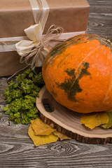 pumpkin on cutting the tree, gift box and yellow leaves on wooden background. Halloween composition
