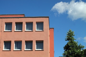 Fototapeta na wymiar Pink building fragment with eight windows in two rows against blue summer sky with white cloud and green tree in right corner.