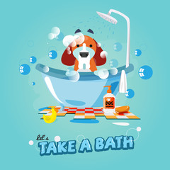 dog taking a bubble bath with his paws up on the rim of the tub.