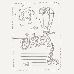 Vector doodle page for kids and children. Balloon and festive garland of flags.