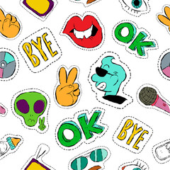 Fun hand drawn patch icon seamless pattern