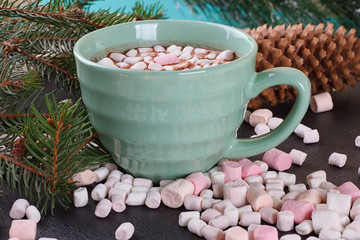 Obraz na płótnie Canvas mug with hot chocolate and burning lantern