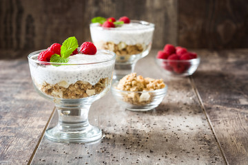 Chia yogurt with raspberries on wooden background

