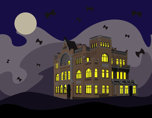 Postcard Halloween with abandoned mansion. For your convenience, each significant element is in a separate layer. Eps 10
