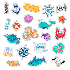 Fashion patch badges. Sea set. Stickers, pins, patches and handwritten notes collection in cartoon 80s-90s comic style. Trend. Vector illustration isolated. Vector clip art.