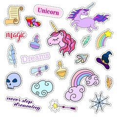 Fashion patch badges. Magic set. Stickers, pins, patches, cute magic collection with unicorn and rainbow. 80s-90s comic style. Trend. Vector illustration isolated. Vector clip art.