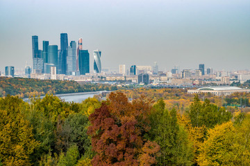 View of International Business Center “Moscow City” from a viewing platform on Sparrow Hills in the autumn. Moscow, Russia.