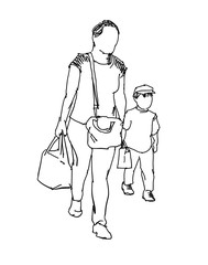 mother and son walking marker sketch isolated