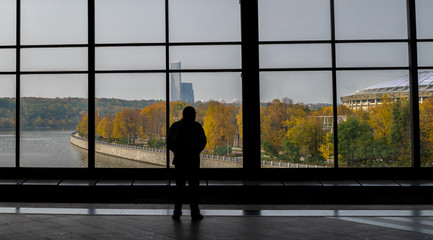 Fototapeta premium View of autumn Moscow through the panoramic windows of Vorobyovy Gory metro station