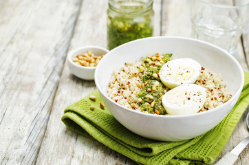 quinoa with kale pesto, pine nuts and eggs
