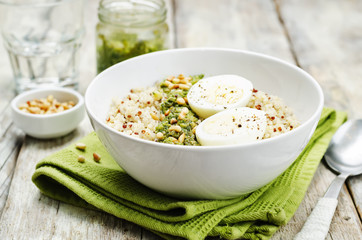 quinoa with kale pesto, pine nuts and eggs