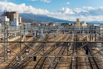 Fototapeta premium Train track line in Matsumoto Station, Japan