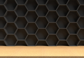 Wood table and black hexagons background