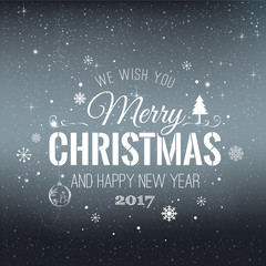 Christmas And New Year Typographical on shiny Xmas background with snowflakes, light, stars. Vector Illustration. Xmas card