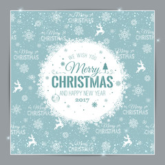 Christmas And New Year Typographical on shiny Xmas background with snowflakes, light, stars. Vector Illustration. Xmas card