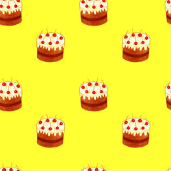 Bright chocolate cake pattern with cherries. Seamless.