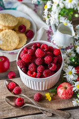raspberries, berries, berry, breakfast, morning, village, sunny, still life, table, biscuits, bowl