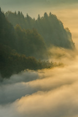 Poranne mgły i wschód słońca w Pieninach na Sokolicy .