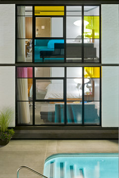 View through stained glass windows of hotel rooms