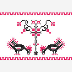 Two Roosters Under a Tree,  Ancient Ukrainian Ornament , Cross-stitch, Vector Illustration