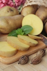 Potatoes raw vegetables with slices for cooking.