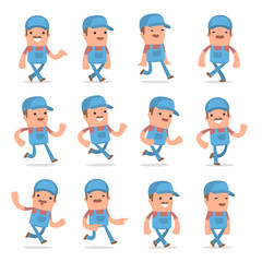 Set of Funny and Cheerful Character Technician goes and runs pos