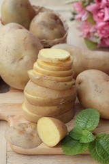Potatoes raw vegetables with slices for cooking.