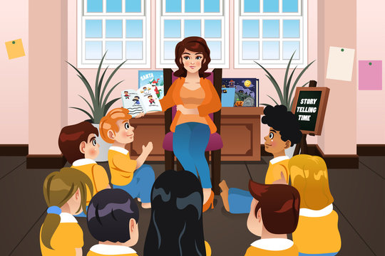 Preschool Teacher Reading a Book During Story Time